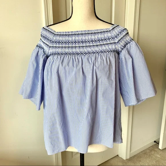 PARKER Smocked Pinstripe Off The Shoulder Top—SZ S - Picture 3 of 13